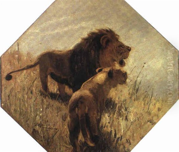 Lowenpaar Oil Painting by Wilhelm Friedrich Kuhnert