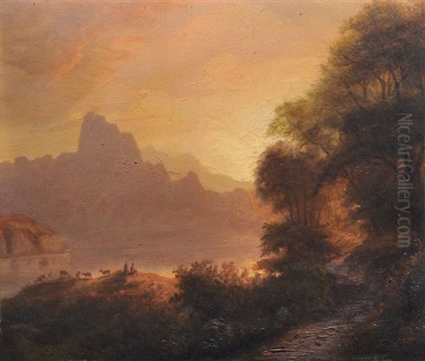 Abendliche Fluslandschaft Mit Ziegenherde, Im Hintergrund Berge Oil Painting by Carl Robert Kummer