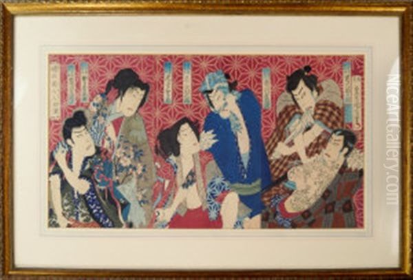Kabuki Actors (triptychs) (3 Works) Oil Painting by Toyohara Kunichika