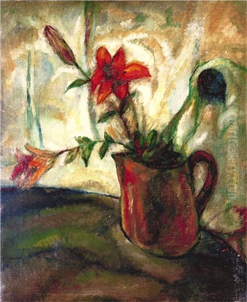 A Standing Bijin Holding A Letter Oil Painting by Yasuo Kuniyoshi