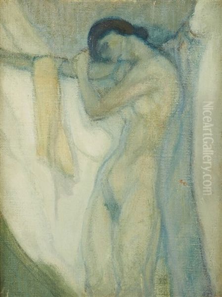 A Standing Bijin Holding A Letter Oil Painting by Yasuo Kuniyoshi