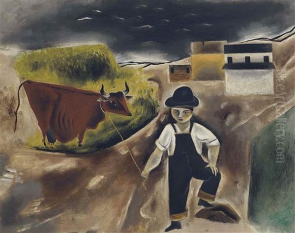 Boy With Cow Oil Painting by Yasuo Kuniyoshi