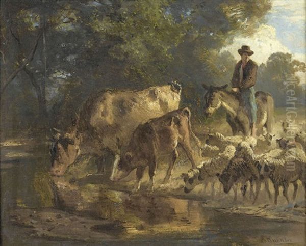 Reitender Hirte Mit Kuhen Und Schafen Oil Painting by Jean-Jules Adrien Kunkler