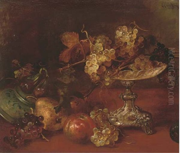 Grapes On A Silver Tazza Alongside Figs, Pears And An Apple On An Upturned Plate Oil Painting by Ludwig Adam Kunz
