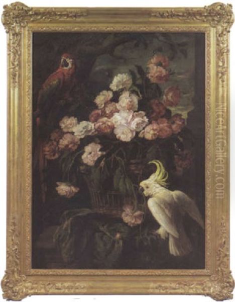 Dekoratives Stilleben Mit Pfingtrosen In Einem Bastkorb Vor Einem Landschaftshintergrund Oil Painting by Ludwig Adam Kunz