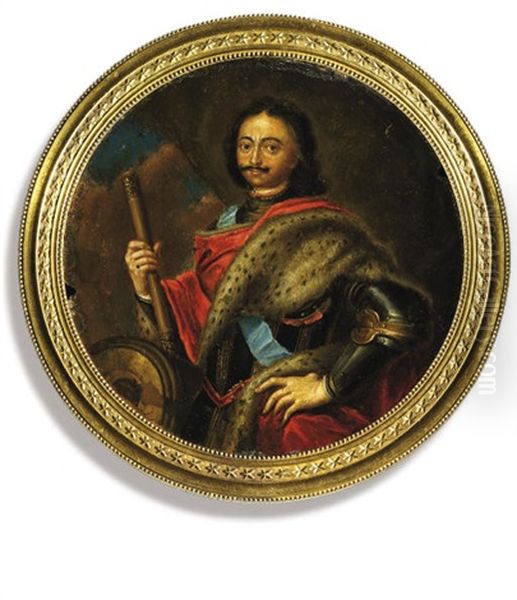 Peter The Great Standing In Armour And A Fur-lined Red Cloak Over His Arms Oil Painting by Johann (Jan) Kupetzki