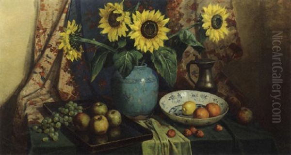 Still Life With Sunflowers And Fruit On A Table Oil Painting by Anton Funke Kuepper