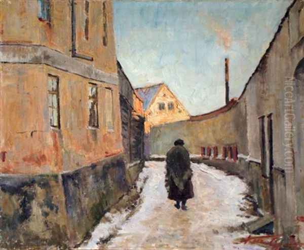 Street In The Kuldiga Oil Painting by Karlis Kurle-Kurlis