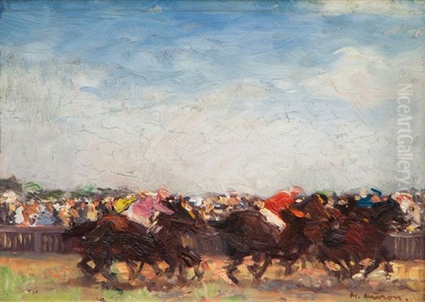 Horserace Berlin Hoppegarten Oil Painting by Herbert Kuron