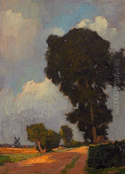 Sommerliche Landschaft Mit Windmuhle Und Malerischen Baumen Oil Painting by Herbert Kuron
