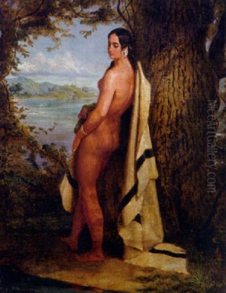 Stehender Akt Einer Indianerin, Malerisch An Baum Lehnend, Mit Blick Auf Fluslandschaft Oil Painting by Friedrich Kurz