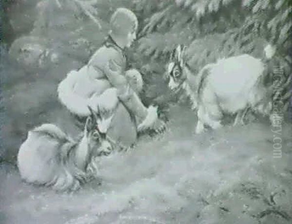 Lille Pige Med Rod Kyse, Legende Med Ged Og Gedekid Oil Painting by Ernst Nicolaus Kuesel