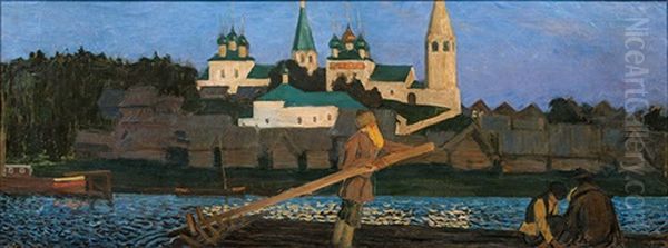 At The Volga (cathedral In Sudislavl Or Monastery In Reshma) Oil Painting by Boris Kustodiev