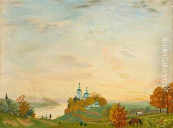 Above The River, Autumn Oil Painting by Boris Kustodiev
