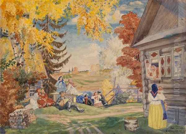 Alexander Neverov's Peasant Women (set Design) Oil Painting by Boris Kustodiev