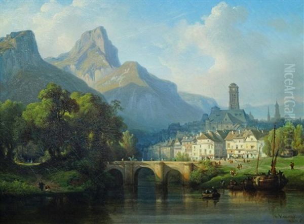 View Of A Riverside Town With Moored Shipping, A Stone Bridge And Mountains In The Distance Oil Painting by Charles Euphrasie Kuwasseg