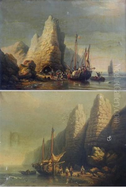 Voiliers Et Pecheurs Sur La Greve, 1856 Oil Painting by Charles Euphrasie Kuwasseg