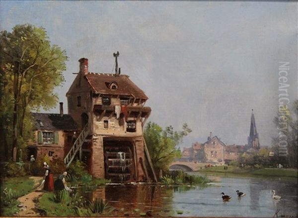 Lavandiere Pres Du Moulin Oil Painting by Charles Euphrasie Kuwasseg