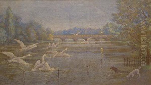 ' The Serpentine ' Depicting A Lake In The Late Evening With Dogs And Swans Etc Oil Painting by Francis Donkin Bedford