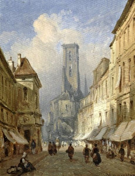 Rue De Ville Et Cathedrale Oil Painting by Charles Euphrasie Kuwasseg