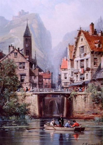 A Continental Town Oil Painting by Charles Euphrasie Kuwasseg