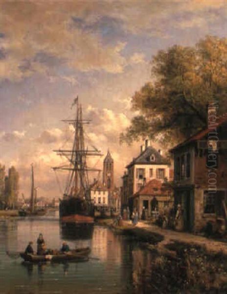A Riverside Town Oil Painting by Charles Euphrasie Kuwasseg