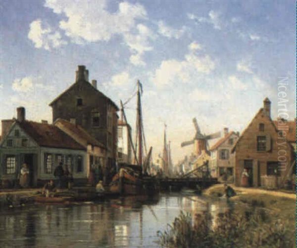 Dutch Town Scene Oil Painting by Charles Euphrasie Kuwasseg