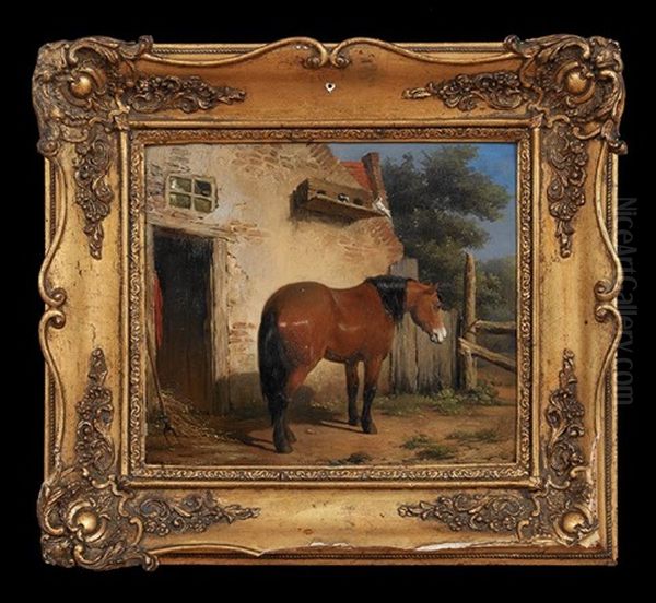 Chestnut Horse In The Stable Yard Oil Painting by Jean Louis van Kuyck