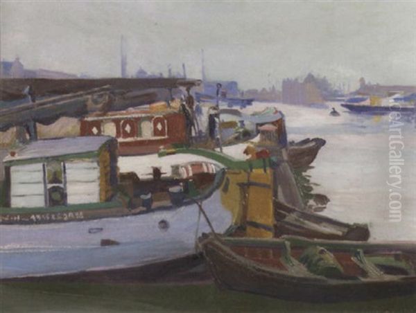 Boats In The Harbour Of Amsterdam Oil Painting by Harrie Kuyten