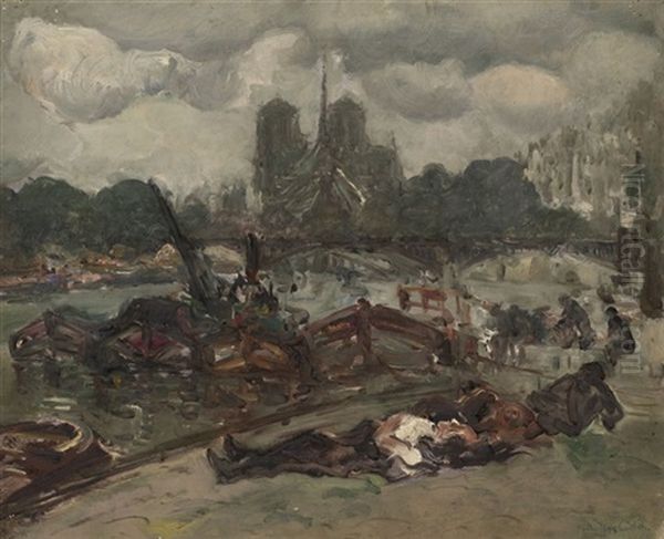 Bord De La Seine, Notre Dame De Paris Et Les Clochards Oil Painting by Konstantin Kuznetsov