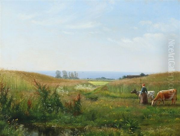 Summer Landscape With A Farm Girl Looking After Her Cows Oil Painting by Vilhelm Kyhn