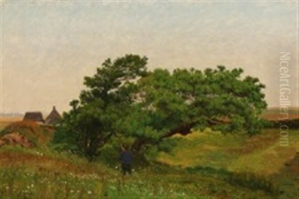 Summer Landscape With A Little Boy Near Some Young Oak Trees Oil Painting by Vilhelm Kyhn