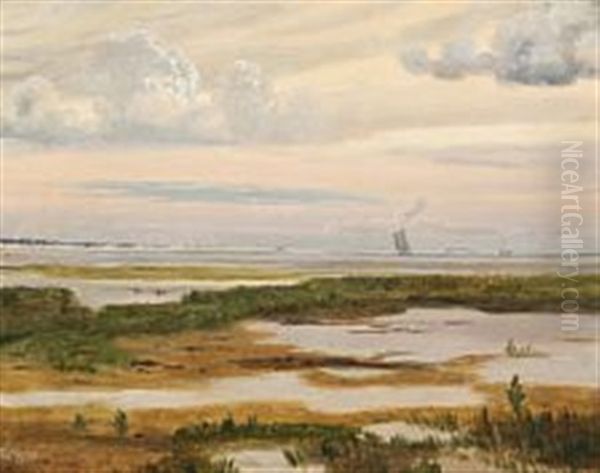 Scenery From Saltholm With Ships At Sea Oil Painting by Vilhelm Kyhn