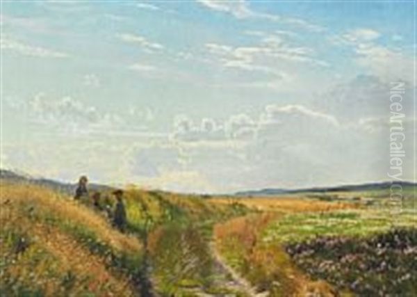 Danish Summer Landscape With Three Children Picking Flowers Oil Painting by Vilhelm Kyhn