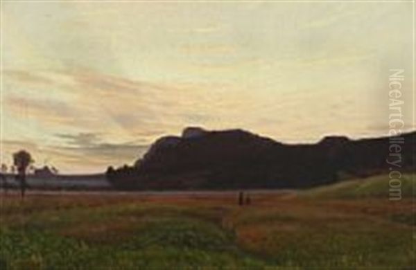 Two People In A Flowering Clover Field At Sunset Oil Painting by Vilhelm Kyhn