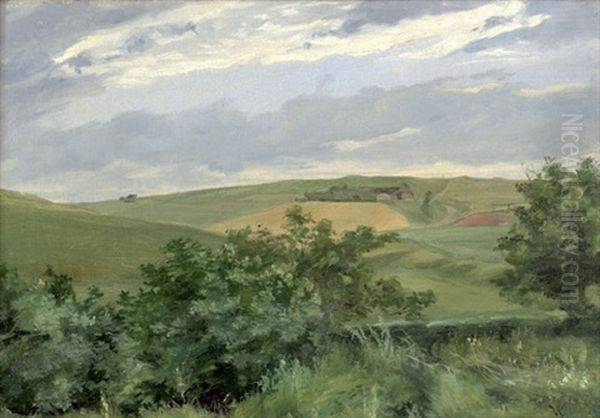 Danische Sommerlandschaft Mit Wiesen Und Feldern, Im Hintergrund Ein Gehoft Oil Painting by Vilhelm Kyhn