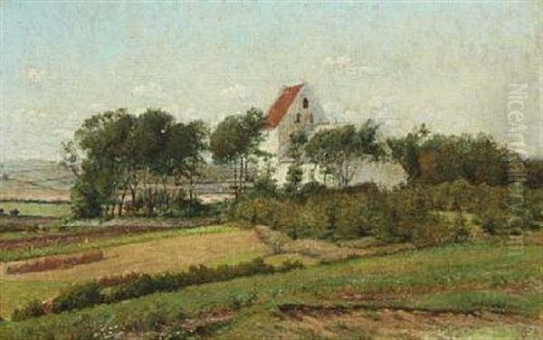 Summer Landscape With Grazing Cows Near A Church Oil Painting by Vilhelm Kyhn