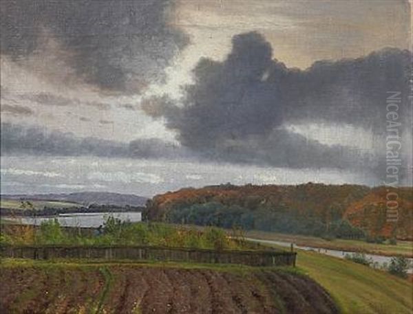 Autumn Day With Fields And A Garden Near A Stream Oil Painting by Vilhelm Kyhn
