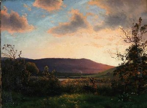 Lake Scene At Sunset Oil Painting by Vilhelm Kyhn