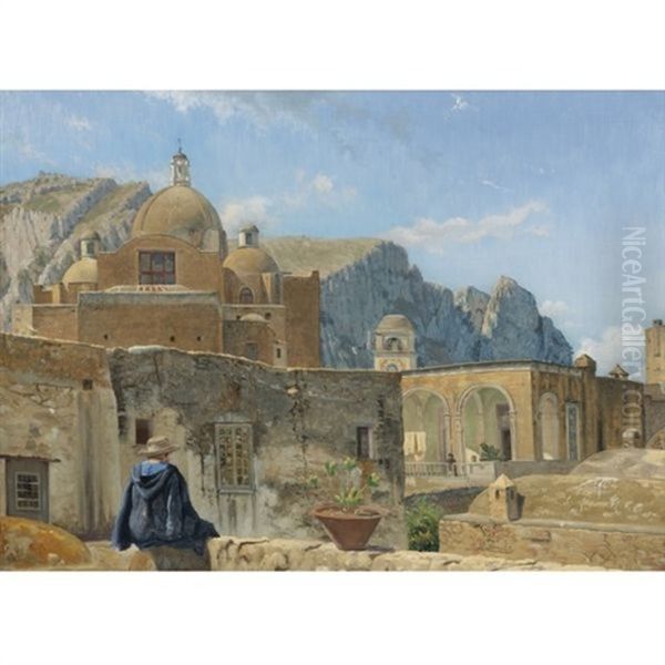 A Young Boy Seated On A Wall, Overlooking Capri Oil Painting by Vilhelm Kyhn