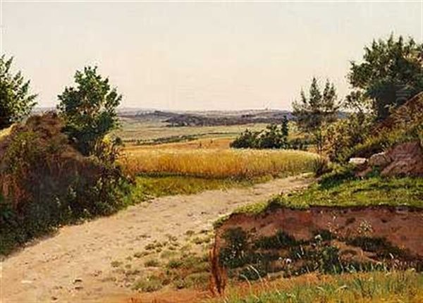 Udsigt Over Landskab Med Grusvej Og Gylden Kornmark Oil Painting by Vilhelm Kyhn