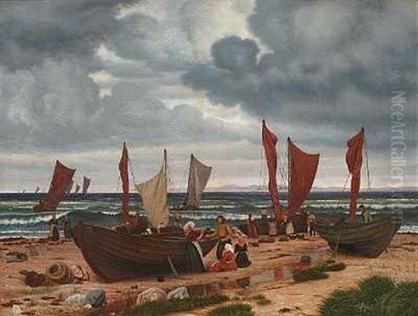 Fiskere Fra Hornbek Komme, Under Uroligt Veir, Iland Fra Sildefangst, I Baggrunden Sees Kullen Oil Painting by Vilhelm Kyhn