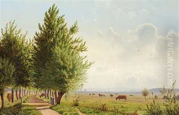Septembermorgen. Udsigt Over Landskab Med Graessende Koer Oil Painting by Vilhelm Kyhn