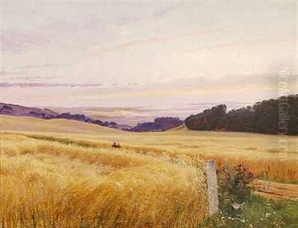 Sommerlandskab Med Spadserende Par Mellem Kornmarkerne, Hen Under Aften Oil Painting by Vilhelm Kyhn