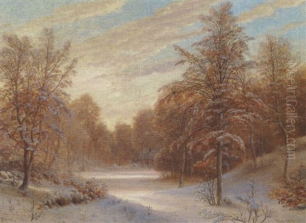 En Fugl Pa En Gren I En Sneklaedt Skov Oil Painting by Vilhelm Kyhn