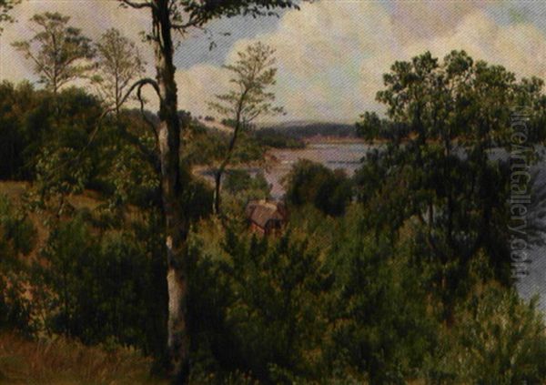 Udsigt Fra En Bakketop Mod Bindingsvaerksgard Ved En Kyst Oil Painting by Vilhelm Kyhn
