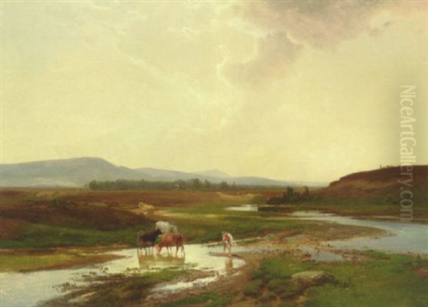 Landskab Med En Lille Vogterdreng Pa Heden, I Baggrunden Den Jyske Hojderyg Oil Painting by Vilhelm Kyhn