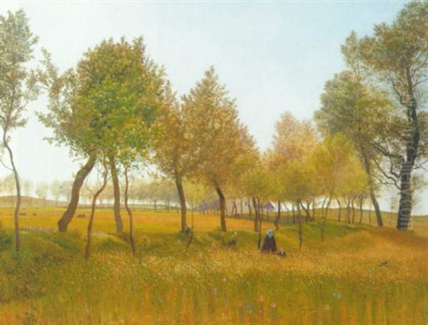 Sommerlandskab Med Kone Og Born Pa En Vej Ved En Kornmark, I Baggrunden Kirke Oil Painting by Vilhelm Kyhn