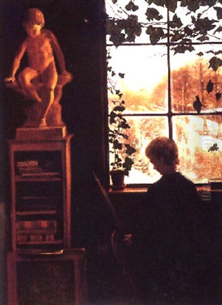 Malerens Son I Atelieret Mod Farimagsvej Oil Painting by Vilhelm Kyhn