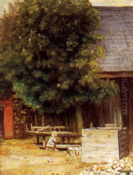 Exterior Fra Gaestgivergarden Ved Ry, Med Legende Lille Pige Ved Baenk Oil Painting by Vilhelm Kyhn